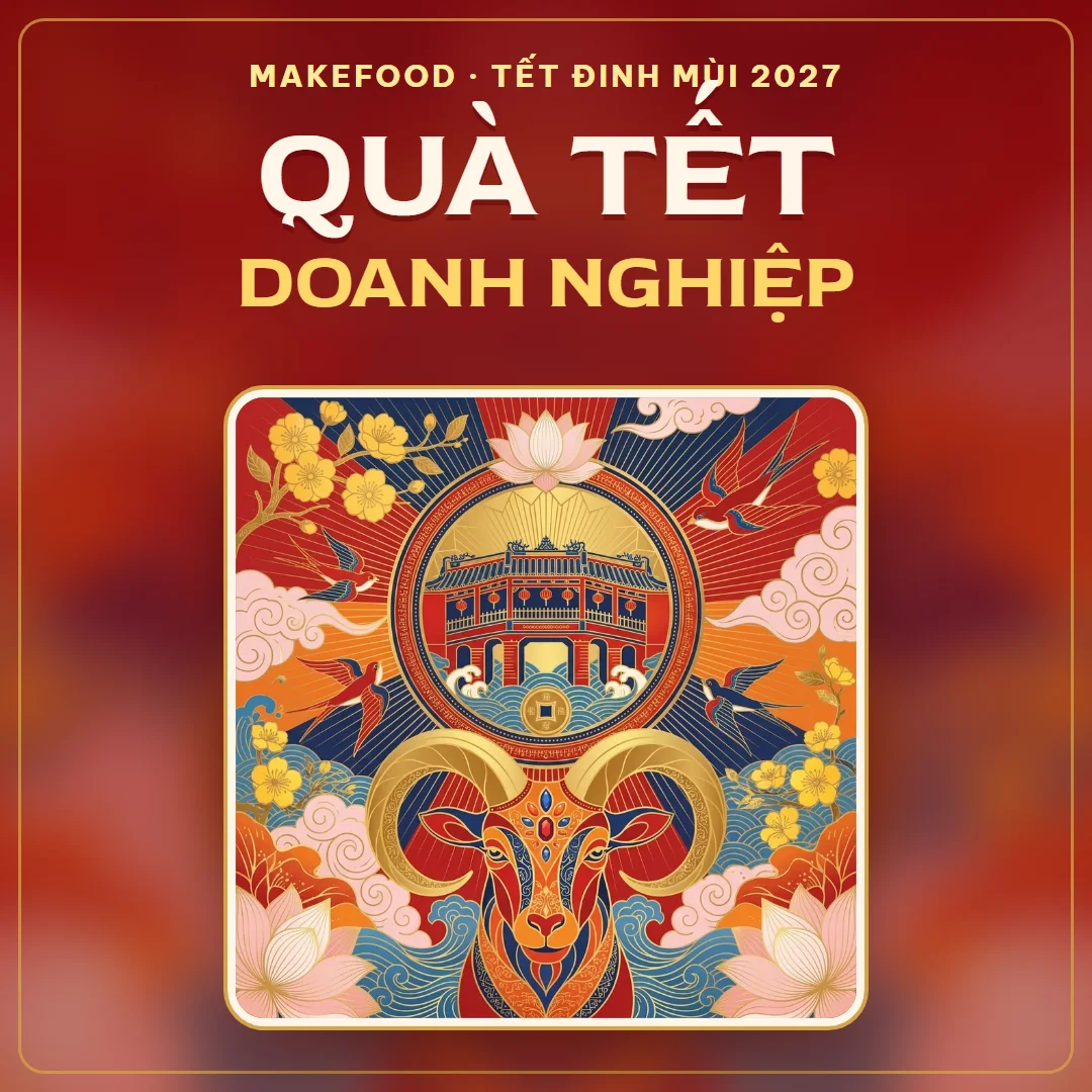 Quà Tết doanh nghiệp 2027 MakeFood — tranh đầu dê và chùa Cầu năm Đinh Mùi
